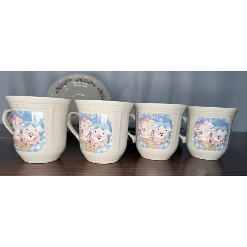 VTG Tienshan Stoneware Pig Pal Tea Set 4 Mugs 4 Saucers Country Farmhouse - Picture 8 of 14